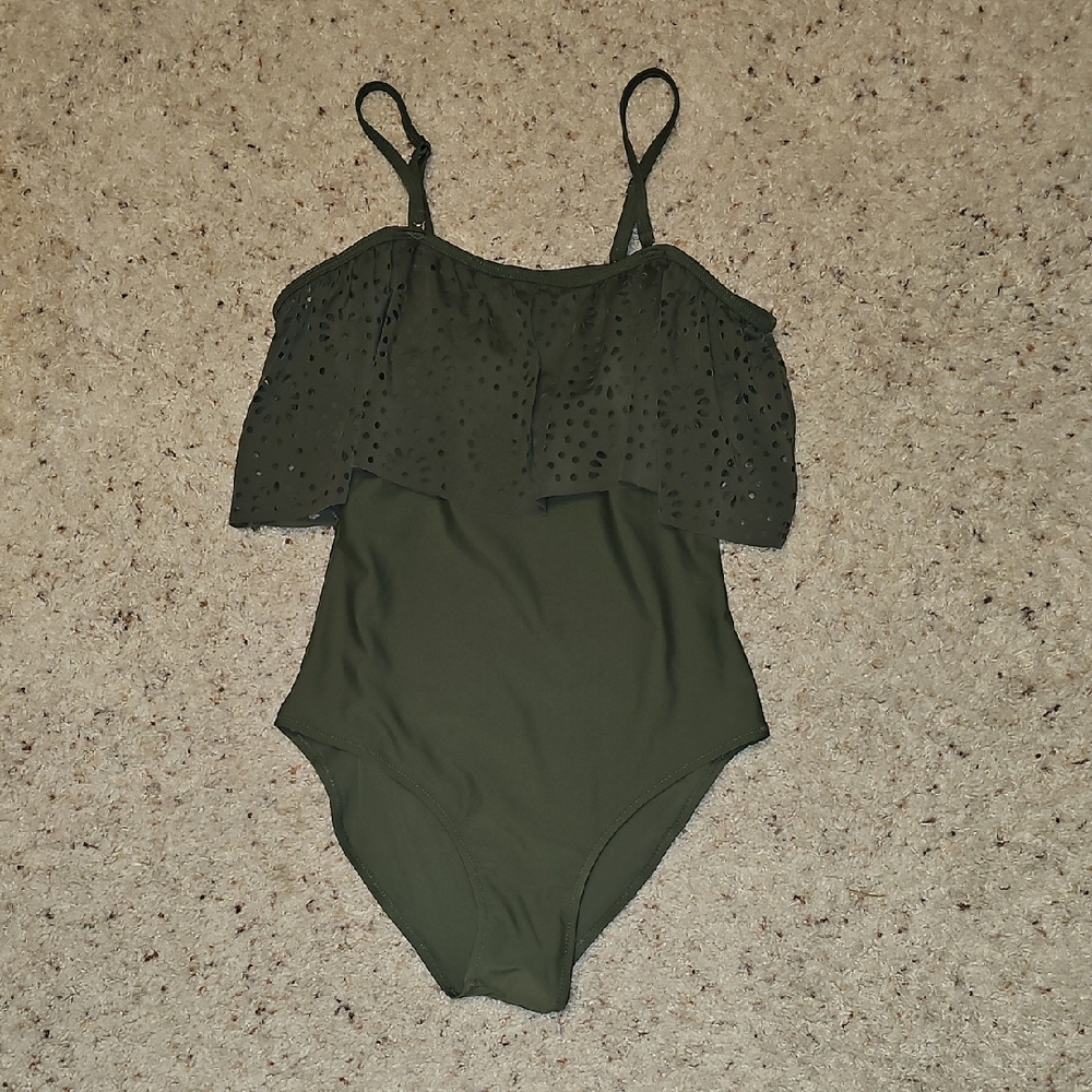 💚Women's Olive Green One-Piece Swimsuit with Eyelet Ruffle